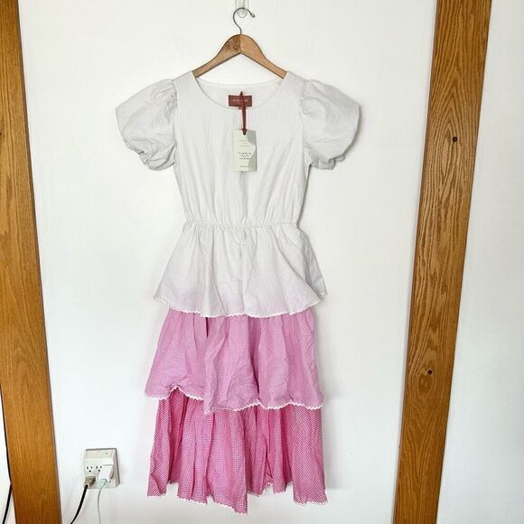 JessaKae Eva Women’s Pink White Gingham Tiered Layered Seersucker Short Sleeved - Picture 2 of 8